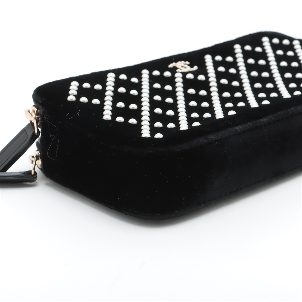 Chanel Coco Mark Velour Chain Wallet Pearl Black Gold Metal