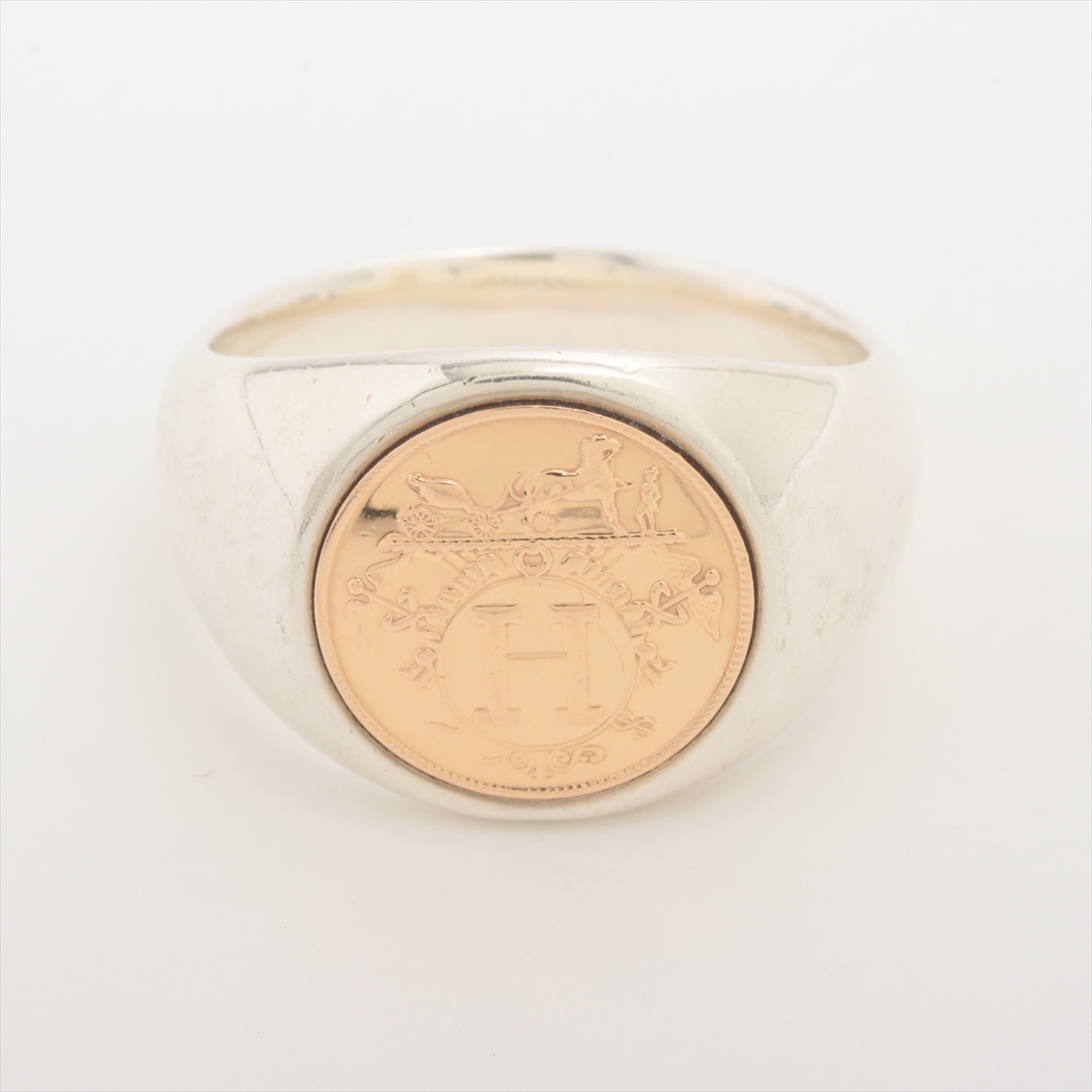 HERMES 上品 リング シルバー コイン型 chevaliere Ex-Libris PM Hermès Ex Libris ring Silvery Silver ref.25018 - Joli Closet