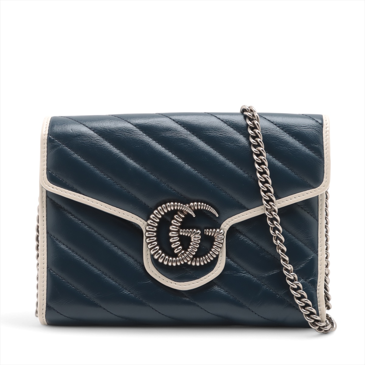 グッチ GGマーモント レザー チェーンウォレット ネイビー×ホワイト  