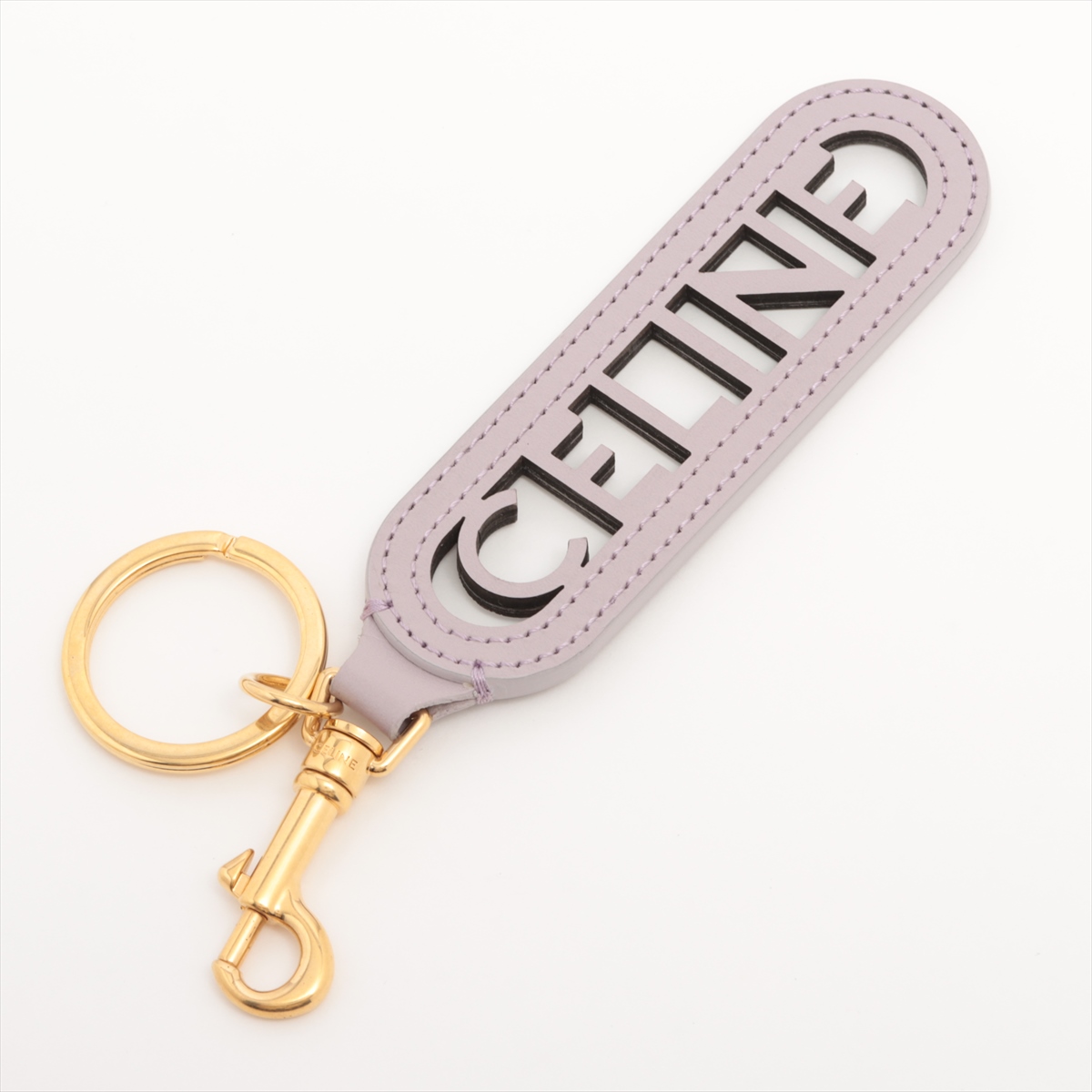 CELINEロゴキーリングパープルピンクゴールドレザー