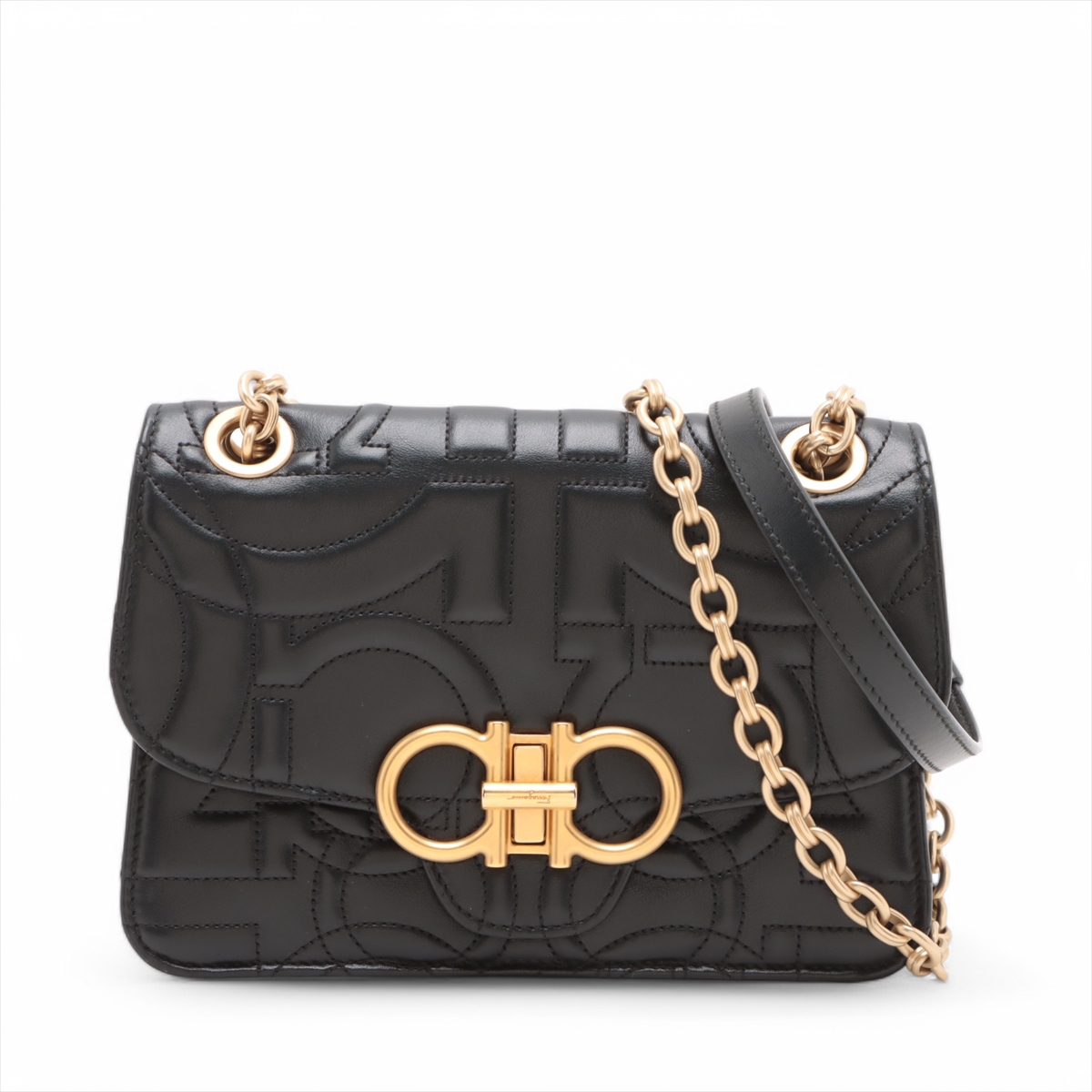 フェラガモ ガンチーニ レザー チェーンショルダーバッグ ブラック  