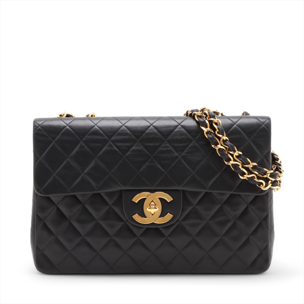 CHANEL 2番台 デカマトラッセ34 ラムスキン ダブルチェーン バッグ