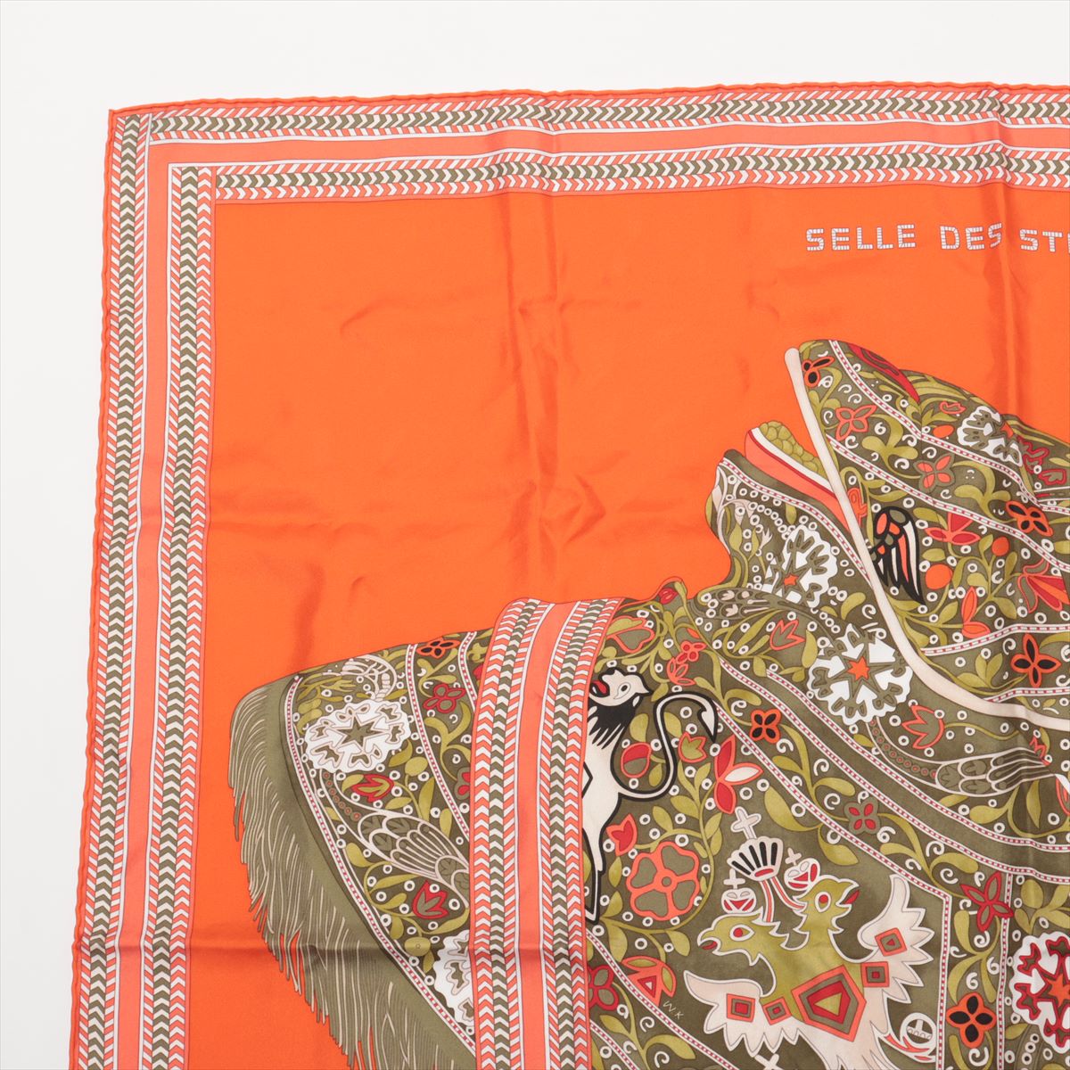 エルメス カレ90 selle des steppes スカーフ シルク カーキ×オレンジ  