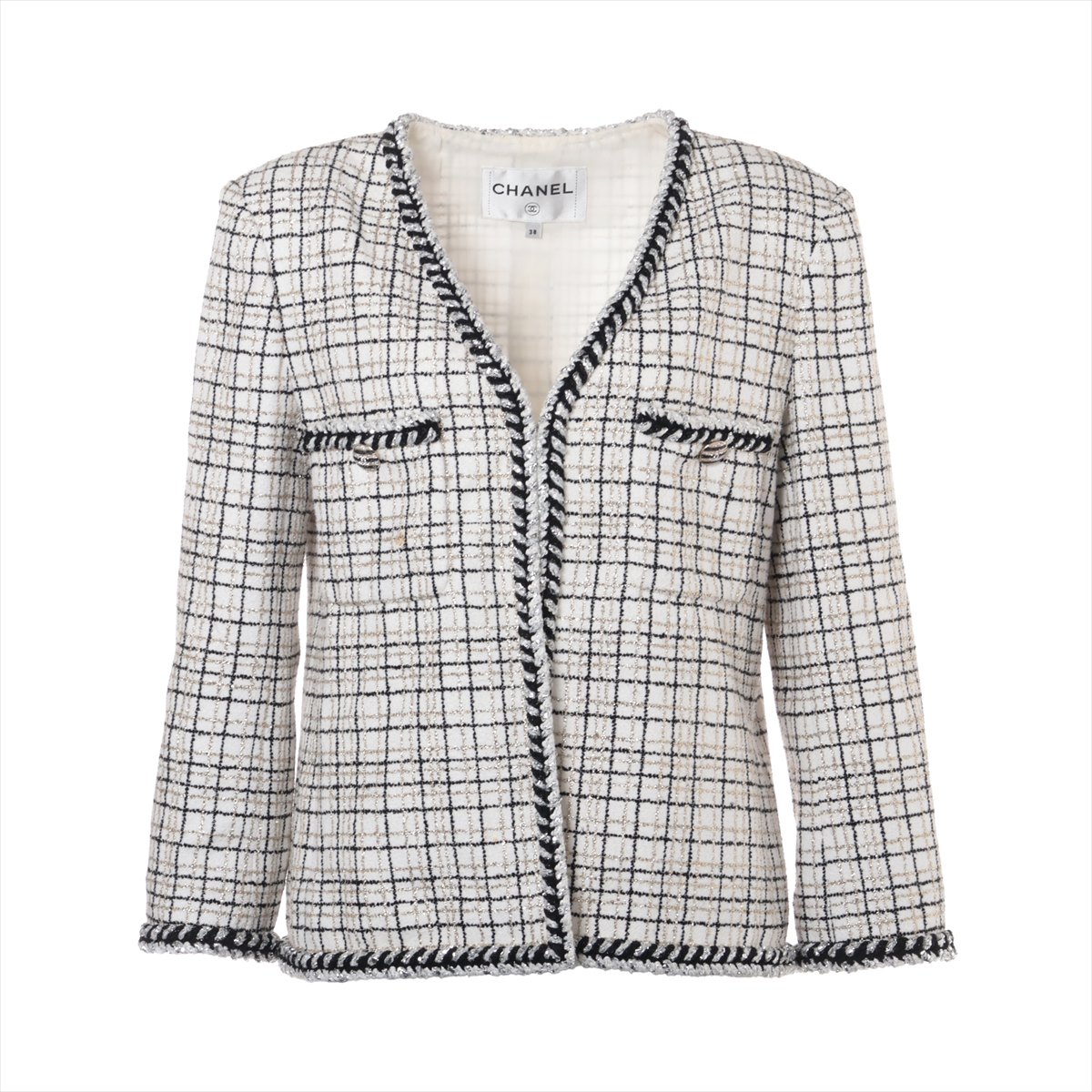 CHANEL チェック柄 テーラードジャケット　CHANELロゴボタン シャネル ココボタン 24C ポリエステル×コットン×ナイロン