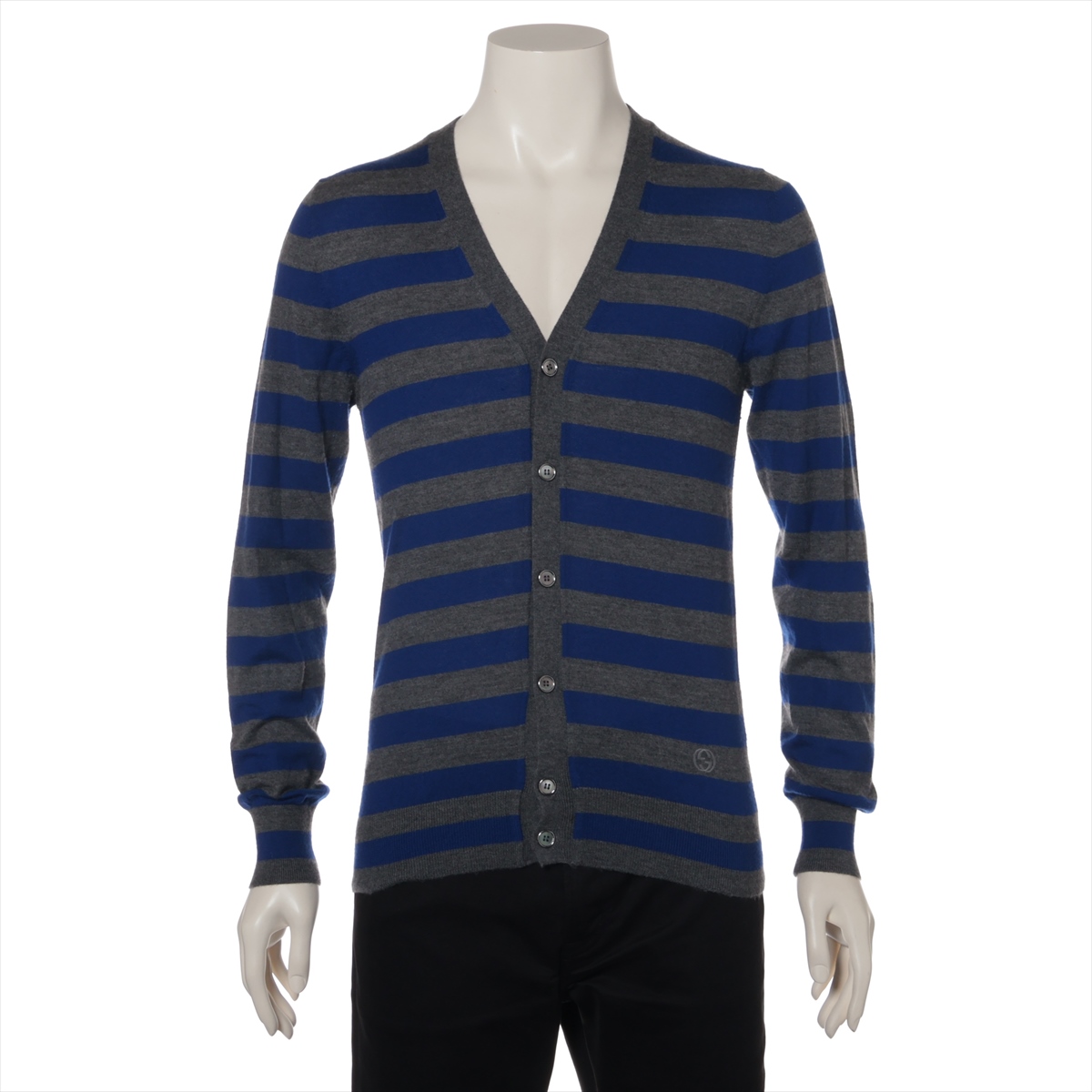 美品◆GUCCI ボーダー カーディガン カシミヤ混 パールボタン ネイビー グッチ カシミヤカーディガン