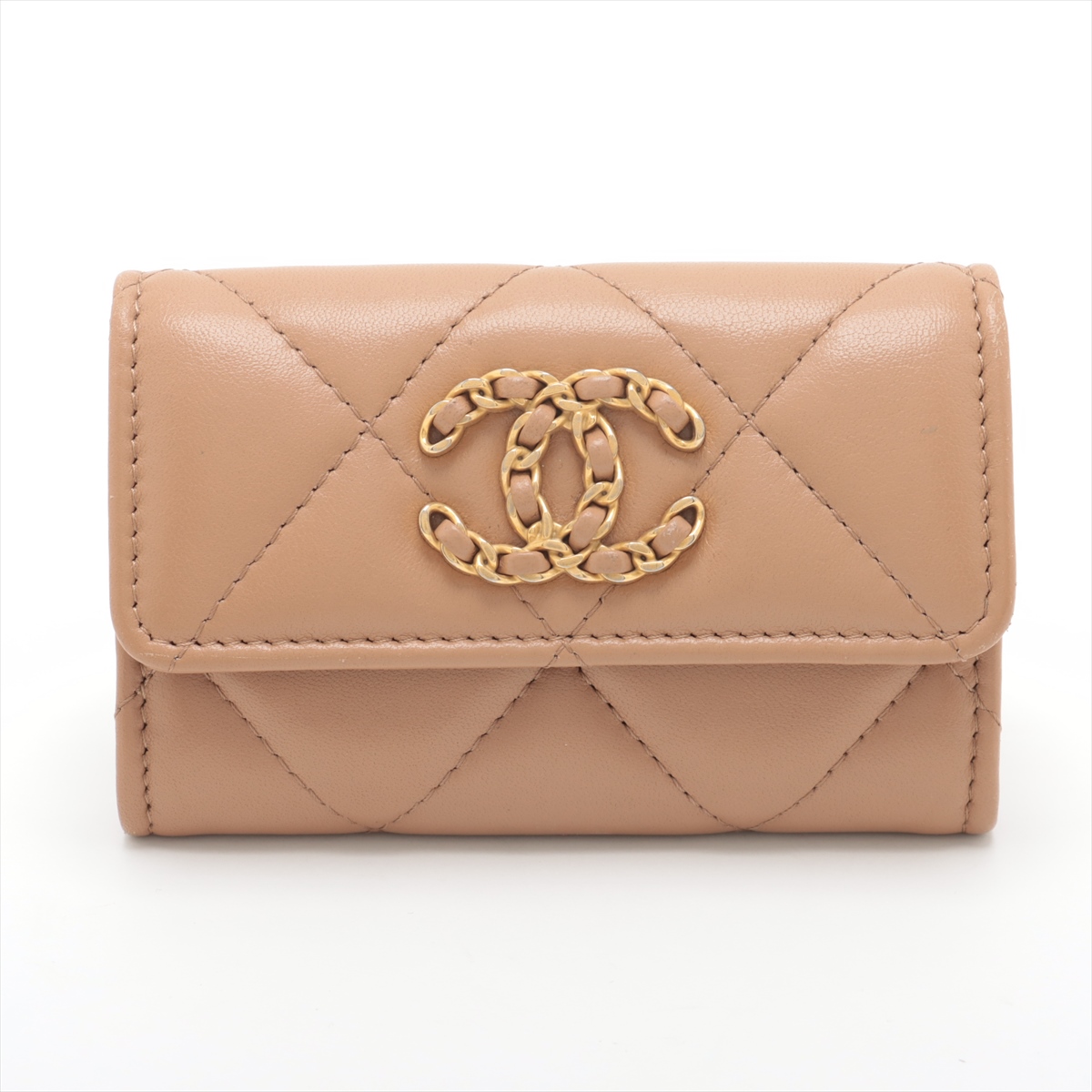 シャネル シャネル19 ラムスキン カードケース ベージュ ゴールド金具  