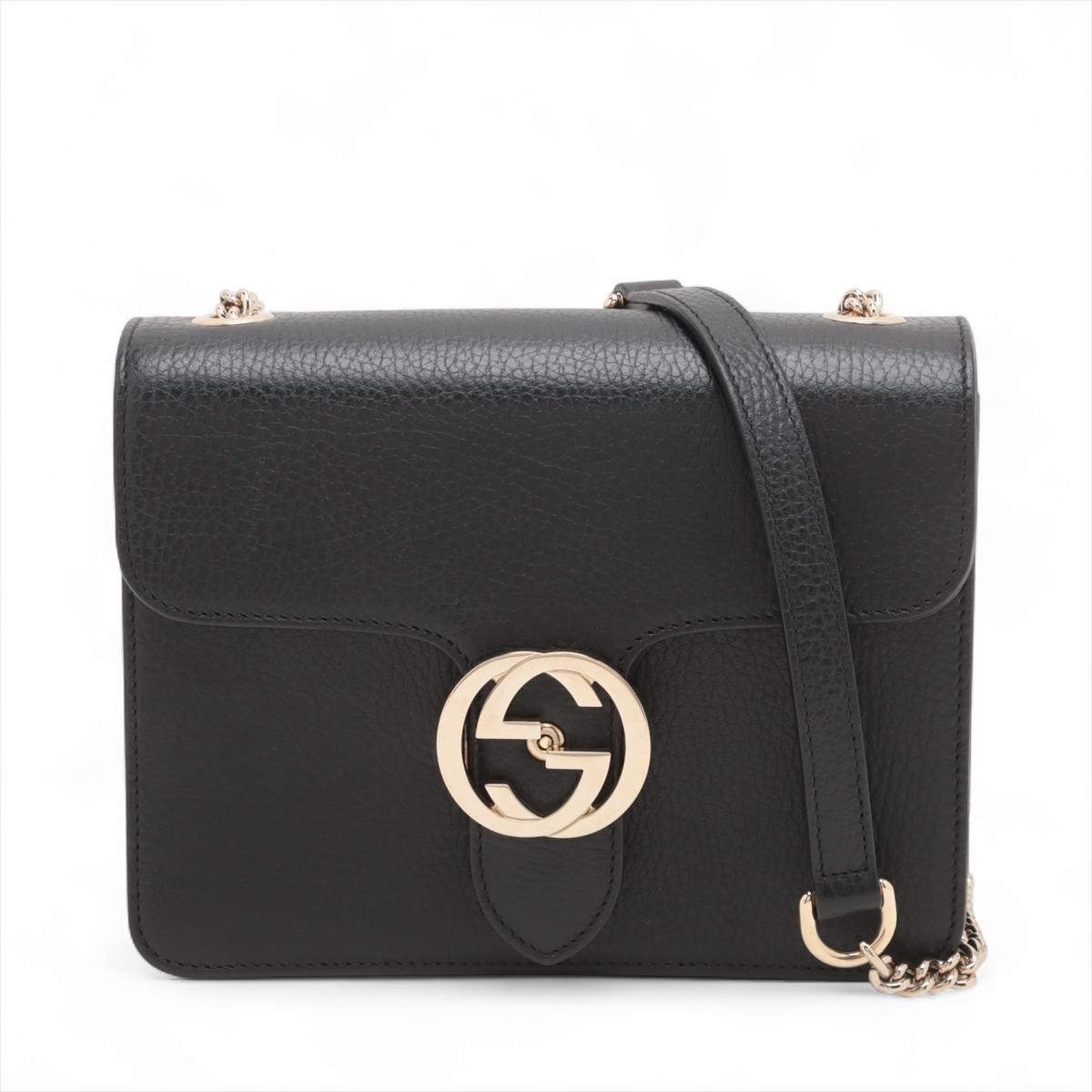 GUCCI インターロッキングG レザー チェーンショルダーバッグ ブラック