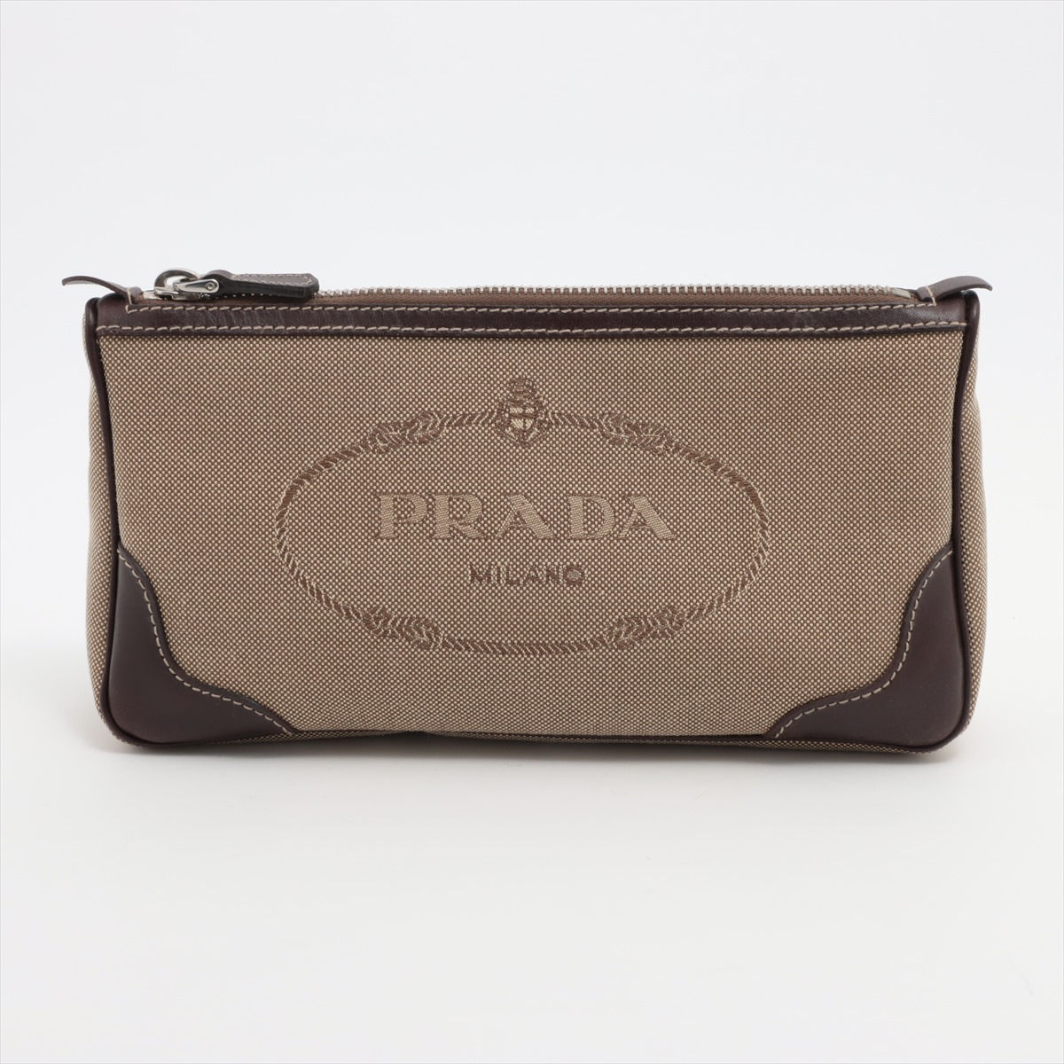 美品 4452 PRADA プラダ ポーチ キャンバス レザー ブラウン