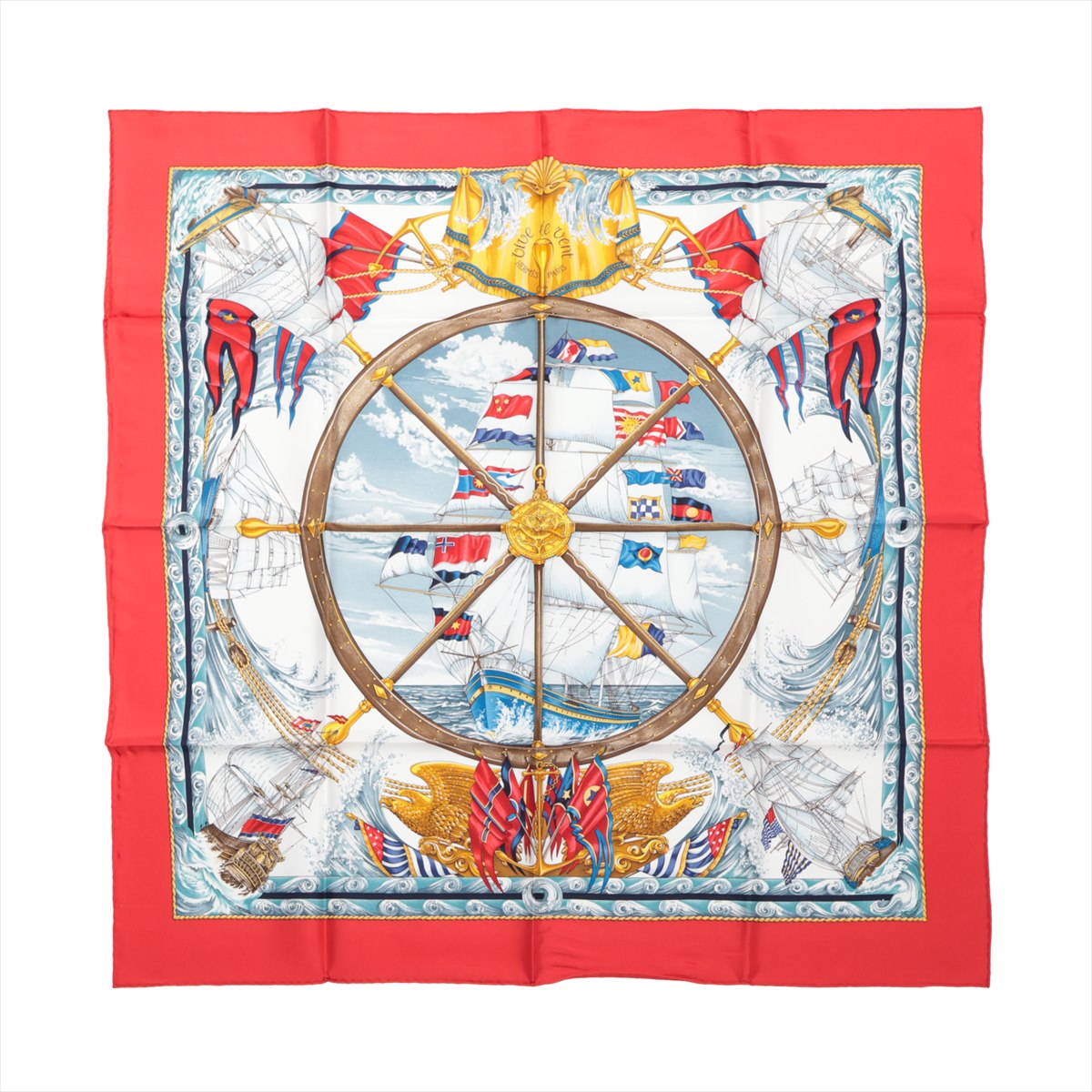 美品 エルメス カレ55 Peuple du Vent 風の民 レッド シルク