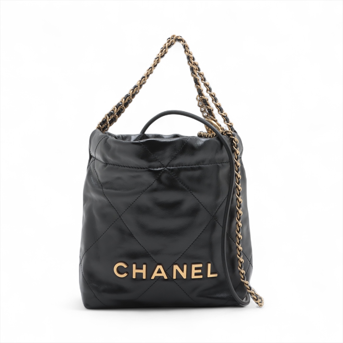 【優雅な輝き】CHANEL ミニバッグ ブラック×ゴールド金具 シャネル シャネル22 ミニ シャイニーカーフスキン チェーン