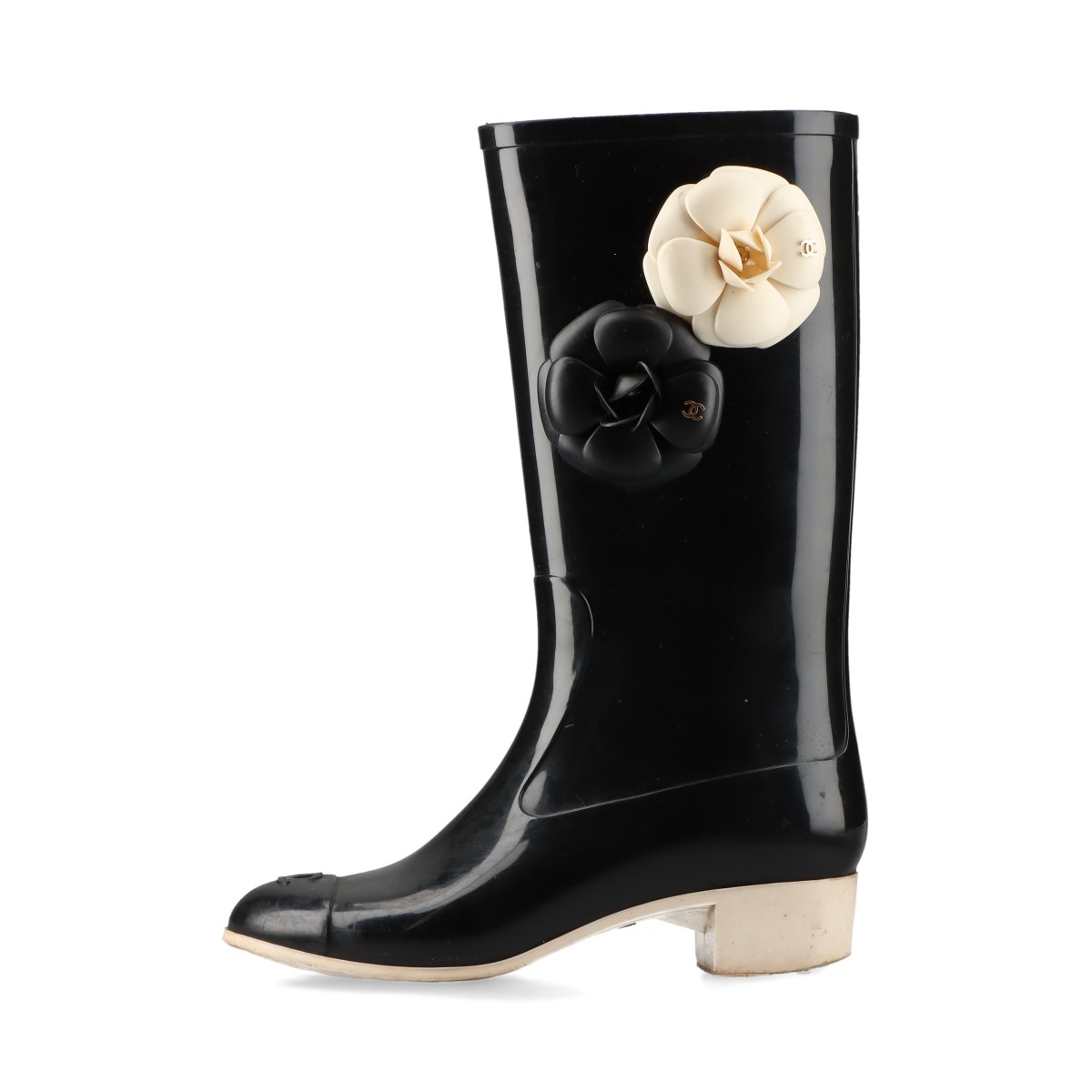 シャネル レインブーツ 36 レディース カメリア 黒×アイボリー
