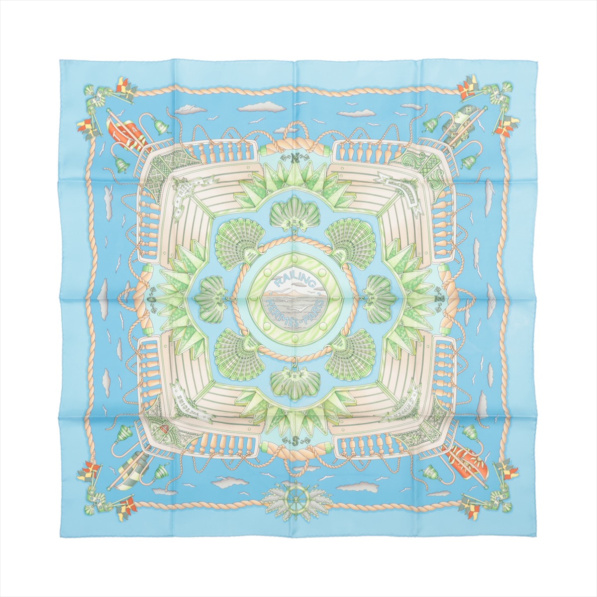 エルメス カレ90 RAILING 船の手摺 スカーフ シルク ライトブルー