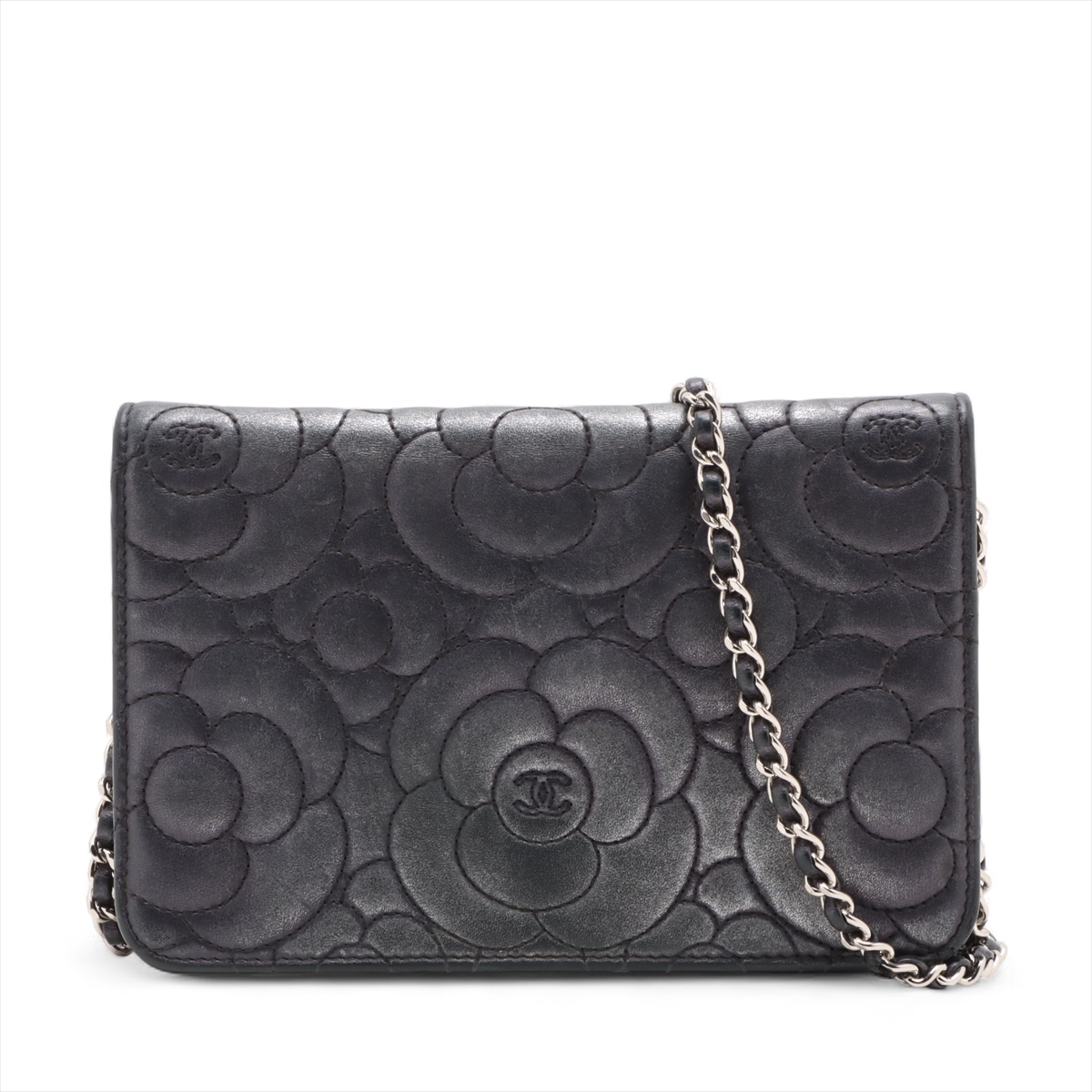 国内発送 カメリア柄 ベルベット◆CHANEL チェーンウォレット シャネル カメリア ラムスキン チェーンウォレット ブラック