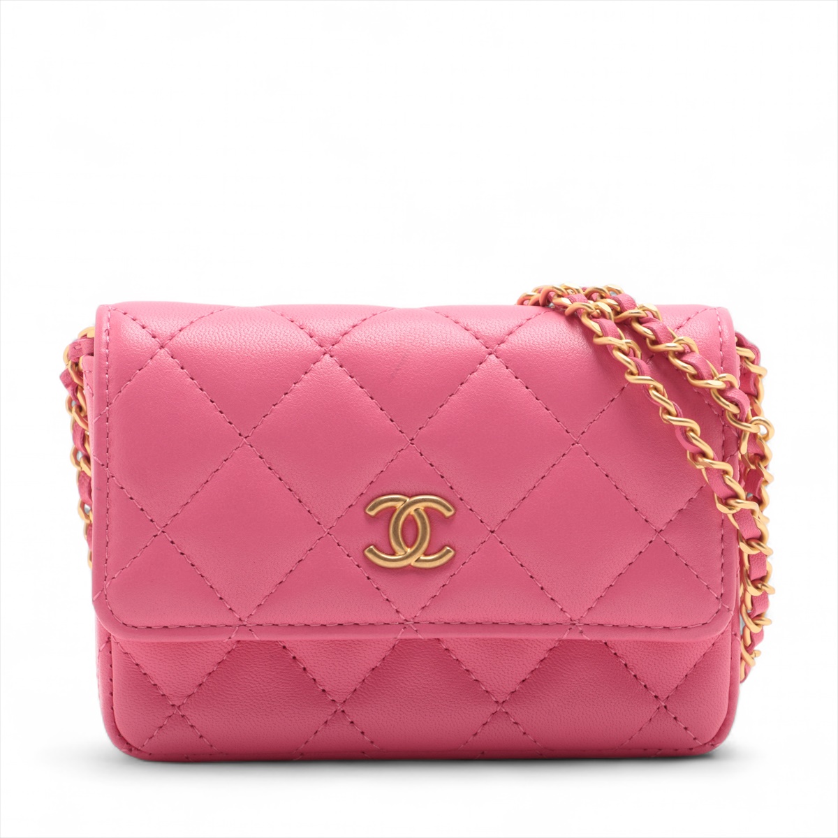 CHANEL★シャネル マトラッセチェーンショルダーピンク Aランク シャネル ミニミニマトラッセ ラムスキン チェーンショルダー
