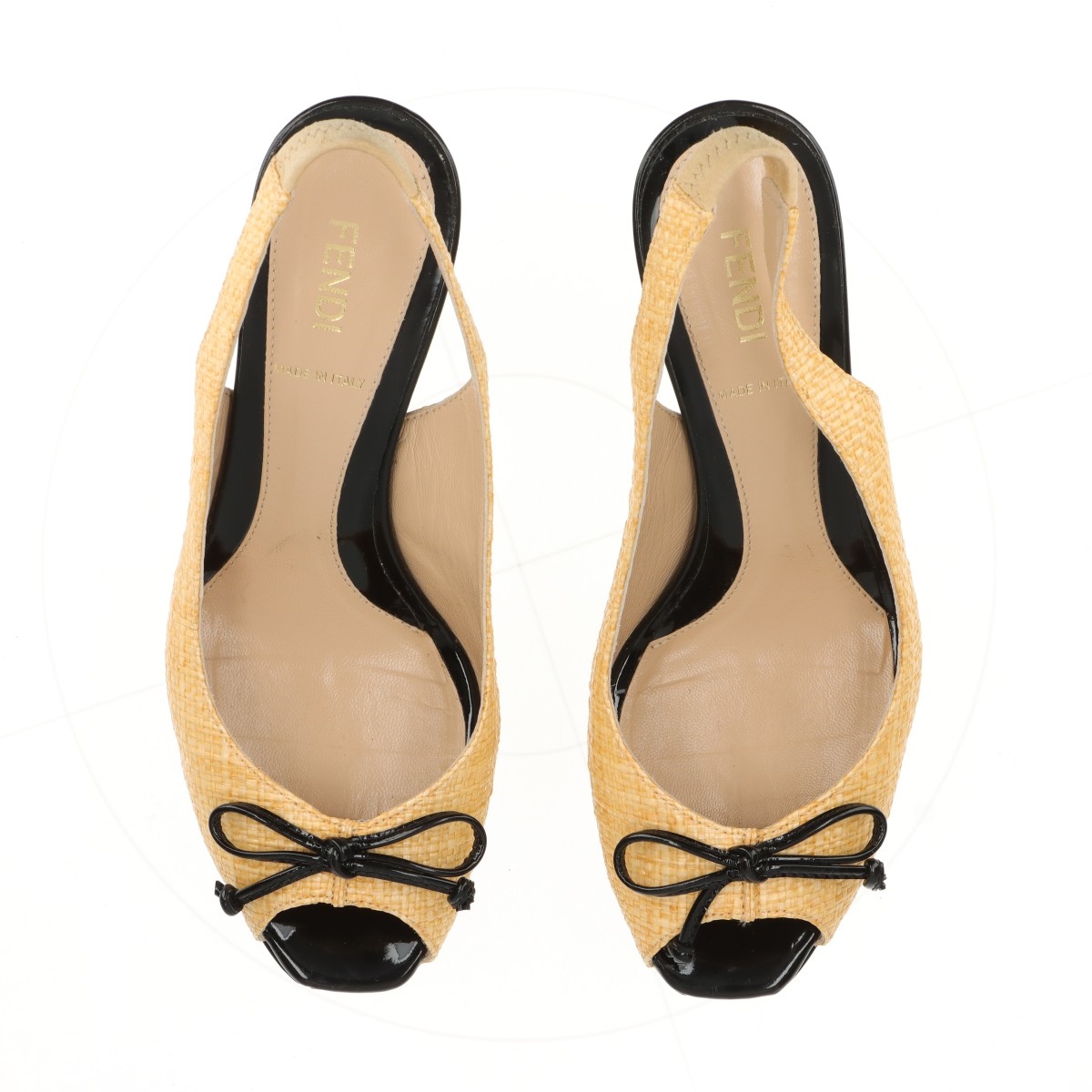 【美品/新品】offenオッフェンpointed-FRIN / CAMEL Fendi Raffia Open-toe Pumps 36.5 Ladies' Beige FF logo