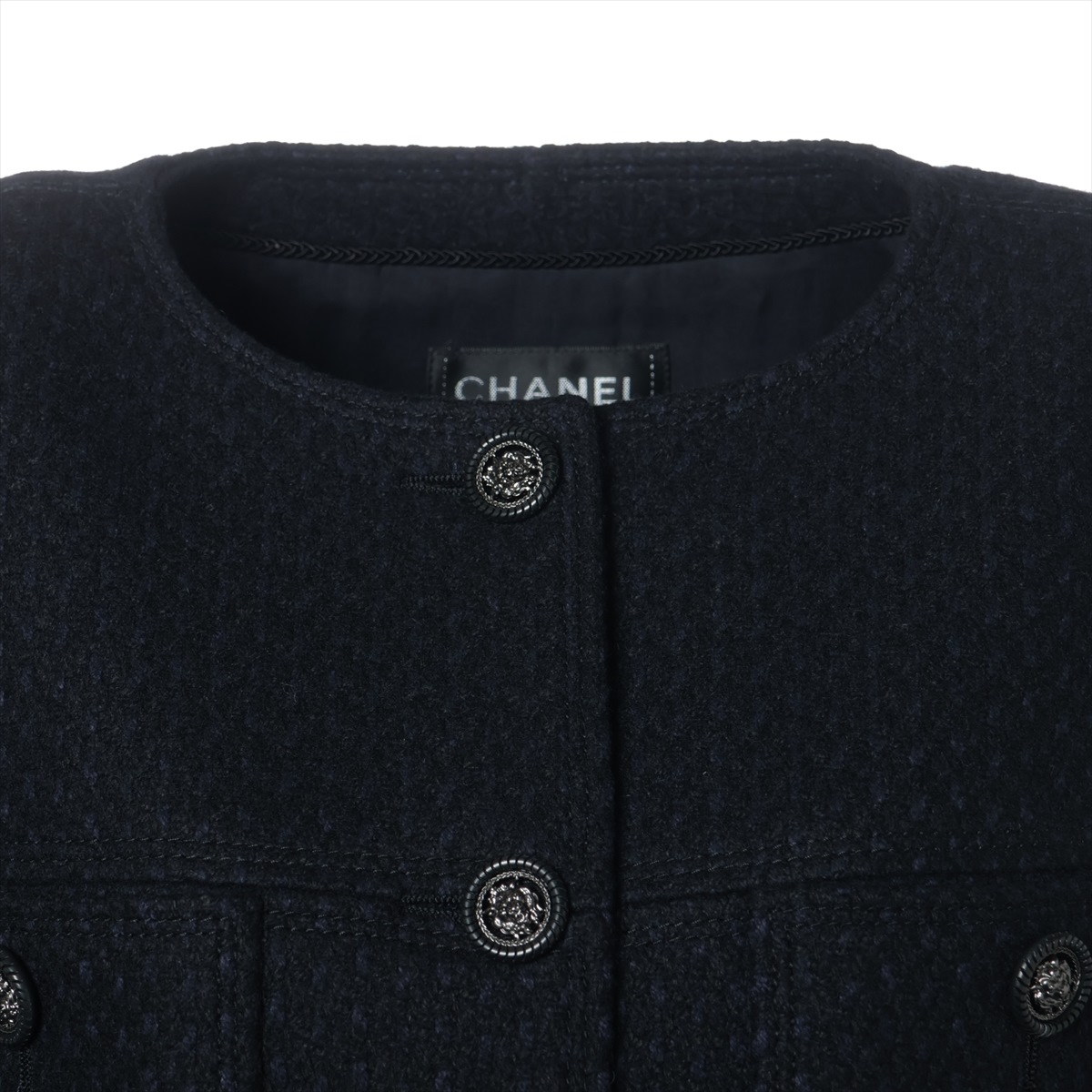 人気モデル✨CHANEL ロングコート　38 ネイビー　シルク シャネル ココボタン 22年 ウール×ポリエステル ロングコート 38