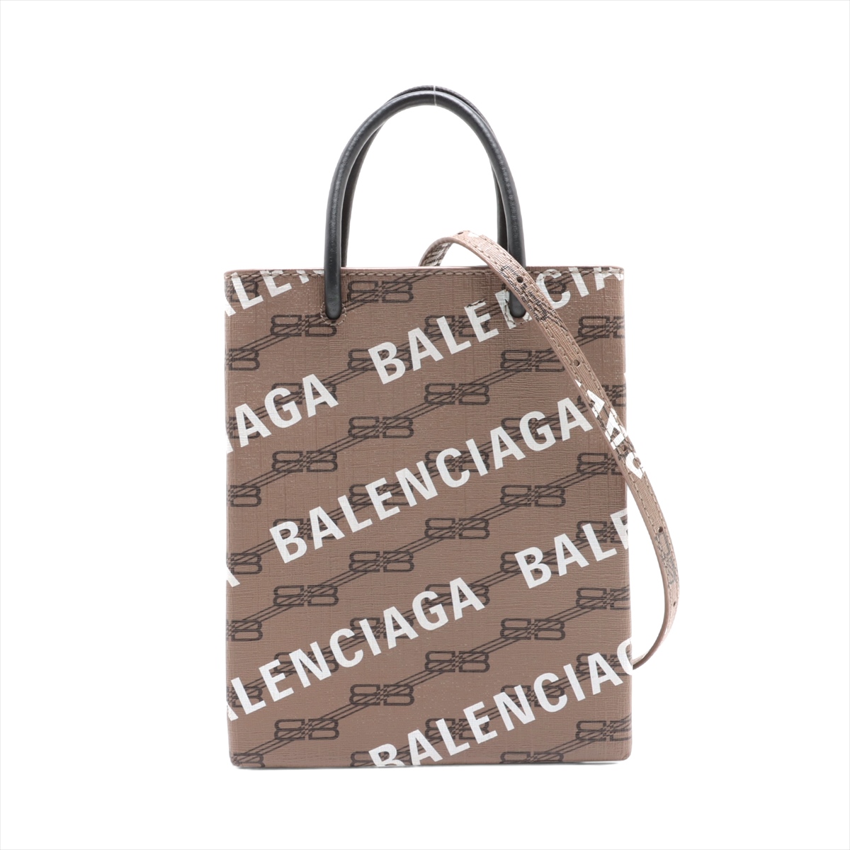 ★BALENCIAGA★ 693805 BBモノグラムショッピングフォンバッグ バレンシアガ BBモノグラム PVC 2WAYショルダーバッグ ブラウン