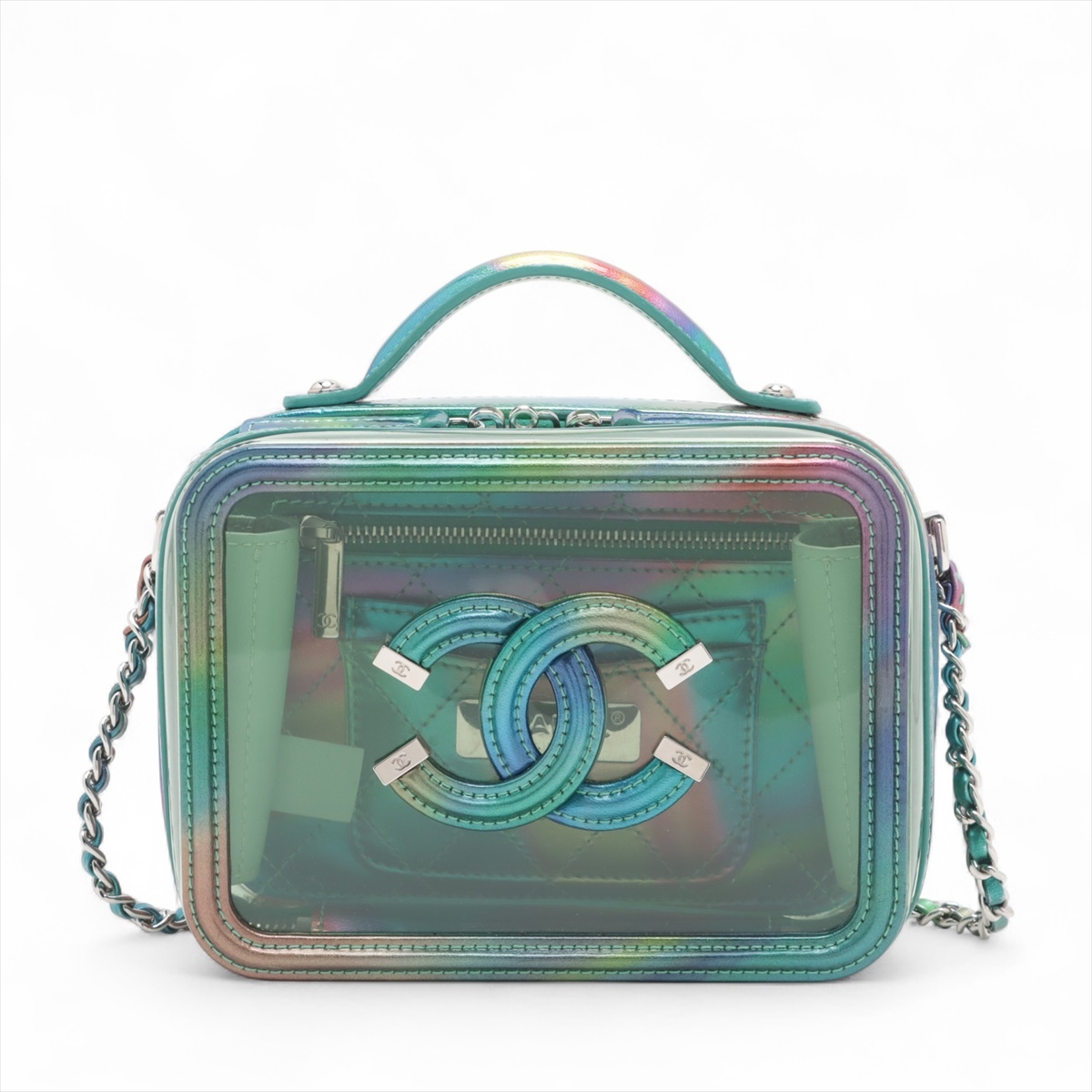 【開けるのが楽しみになるグリーン♪】CHANEL ヴァニティバッグ シャネル CCフィリグリー ビニールxパテントレザー バニティ